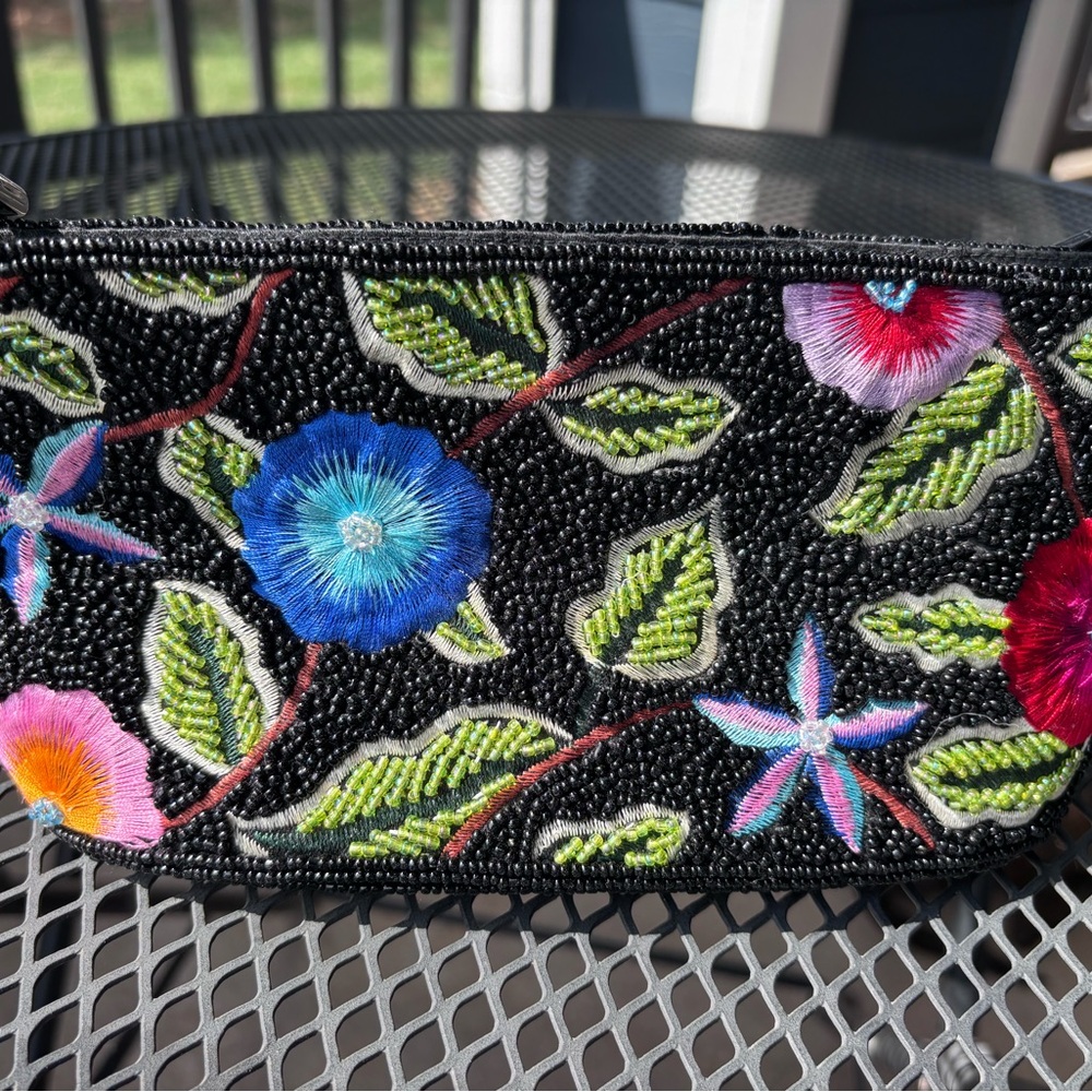 Floral Embroidered Black Clutch